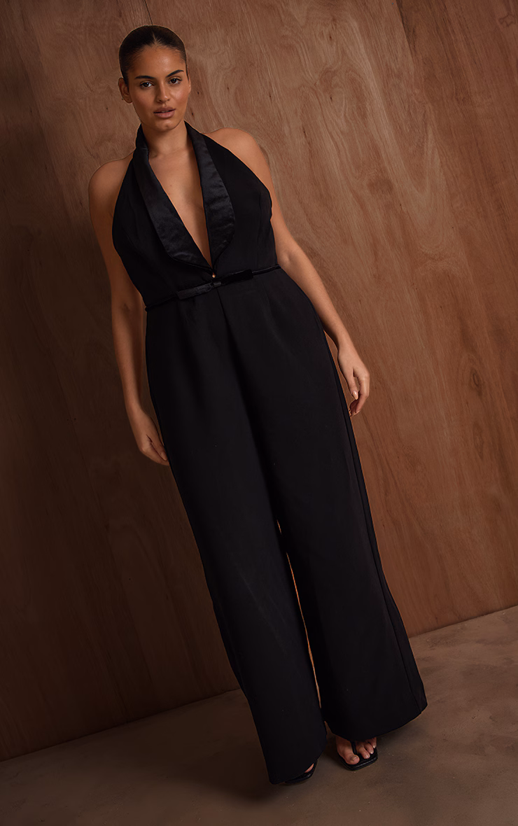 PLT Label Plus Black Velvet Bow Detail Wide Leg Jumpsuit