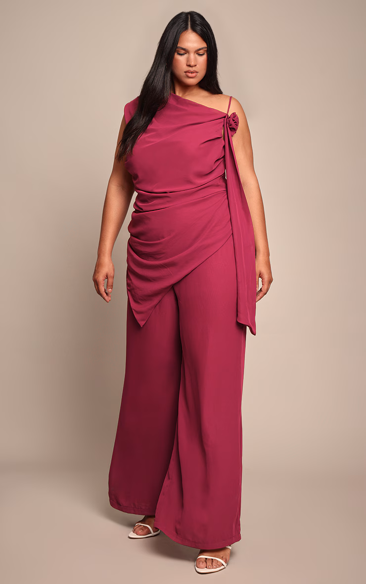 Plus Deep Plum Chiffon Corsage Detail Wide Leg Jumpsuit