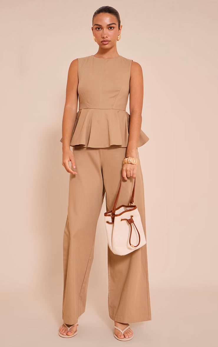 Mocha Cotton Peplum Detail Wide Leg Jumpsuit