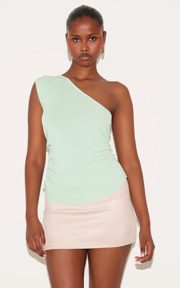 Mint Green Fine Knit One Shoulder Ruched Side Top