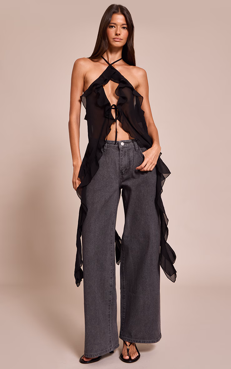 Black Chiffon Ruffle Drape Detail Longline Top