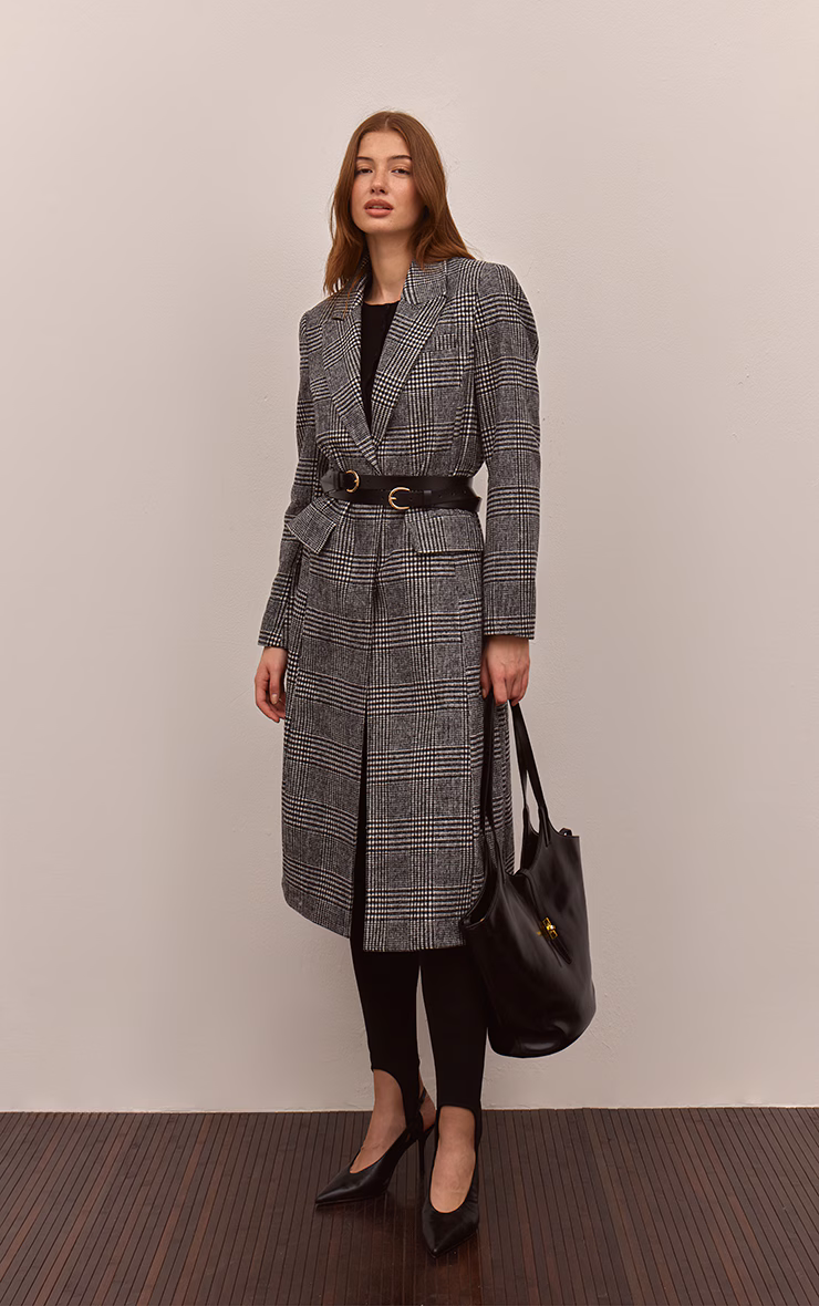 Black Checked Single Breasted Seam Detail Wool Look Maxi Coat