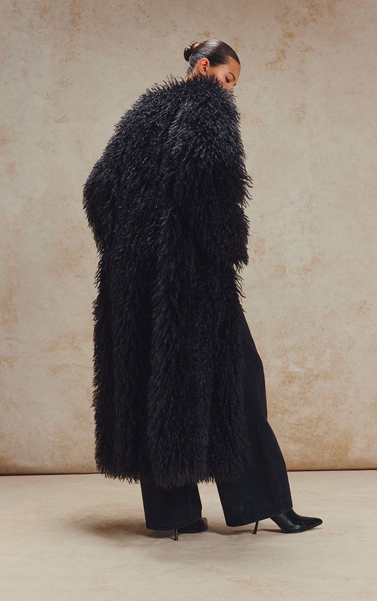 Black Faux Mongolian Fur Collarless Maxi Coat