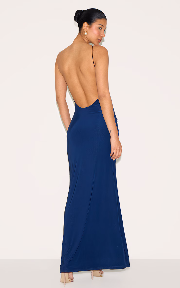 Navy Double Layer Slinky Twited Front Halter Neck Maxi Dress