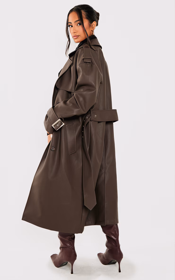 Petite Chocolate Faux Leather Buckle Trench Coat