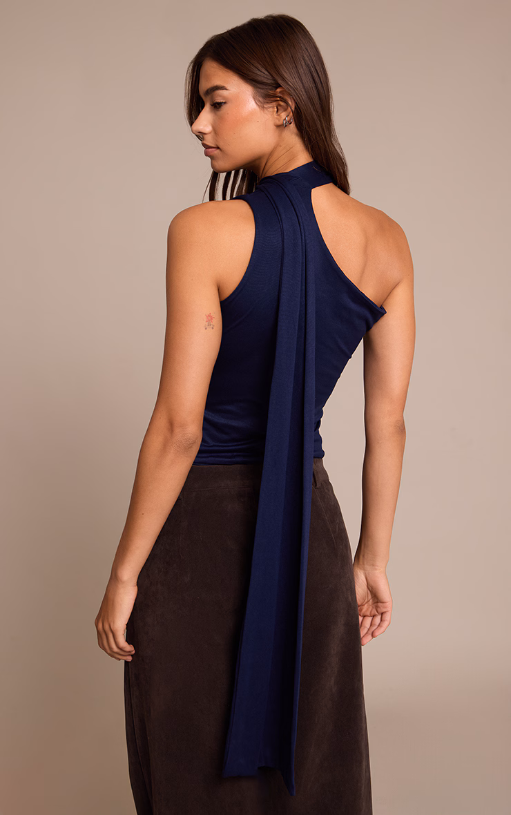 Navy Double Layer Soft Touch Scarf Detail Long Top