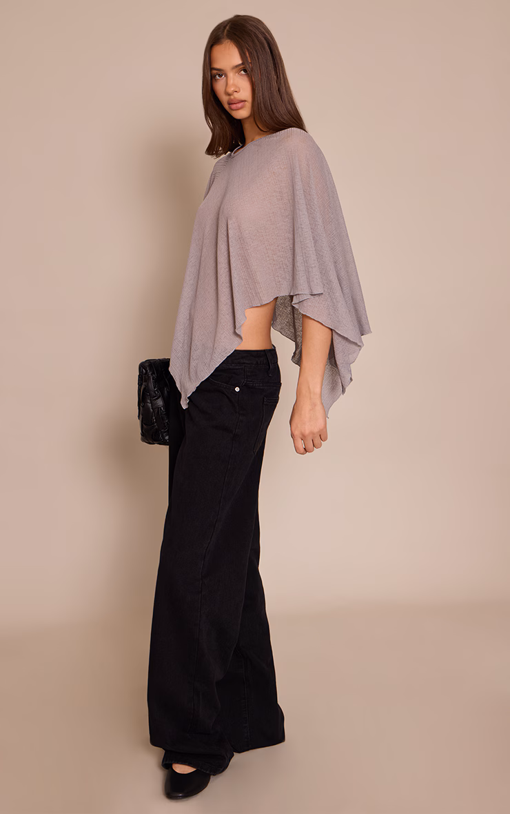 Mushroom Ribbed Burnout Mesh Cape Detail Long Top