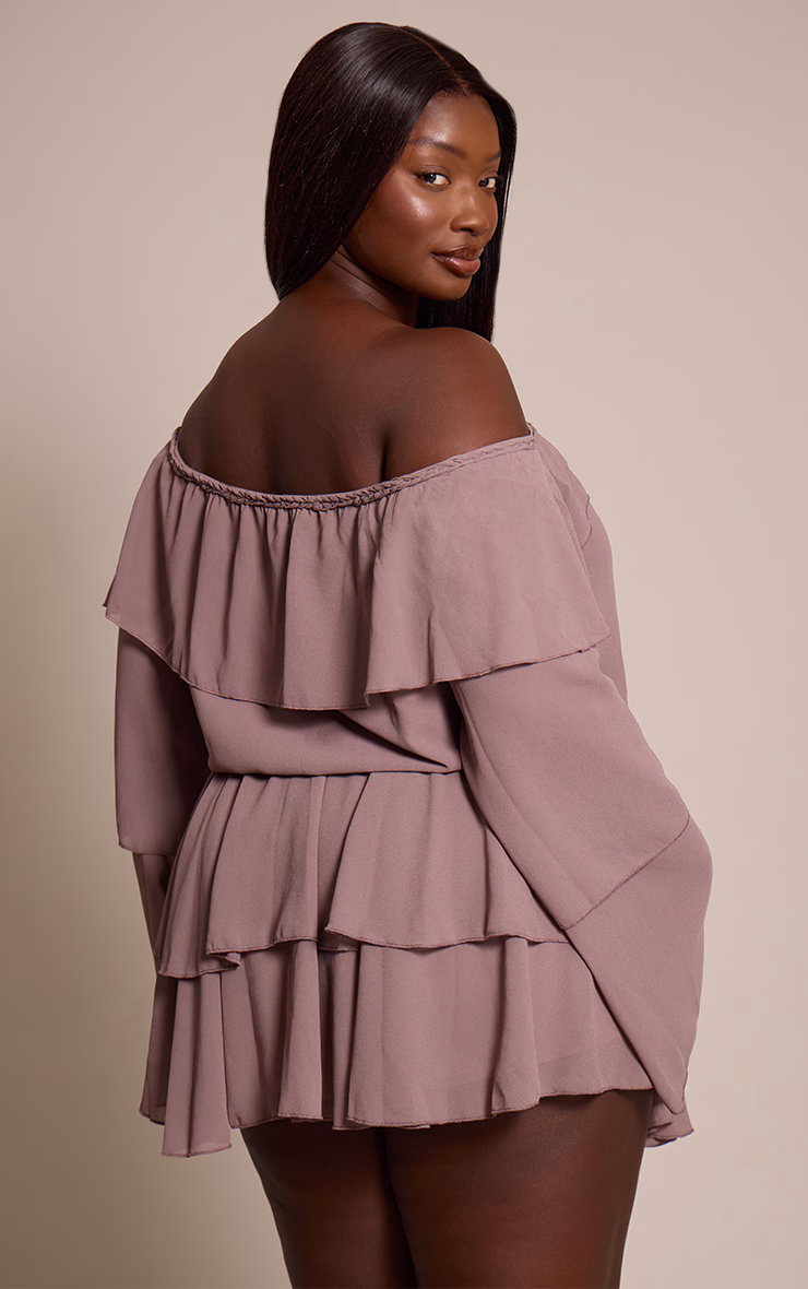 Plus Mushroom Chiffon Ruffle Detail Long Sleeve Romper