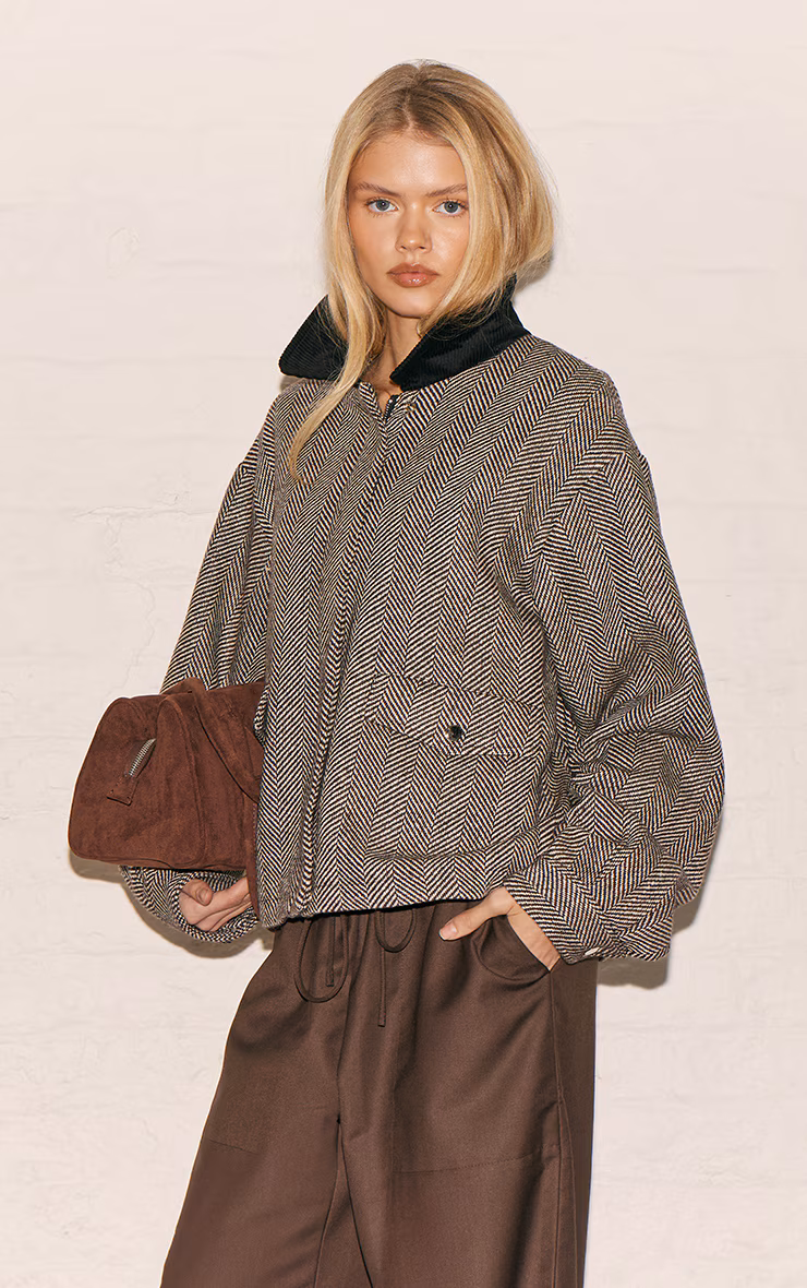 Monochrome Herringbone Contrast Collar Jacket