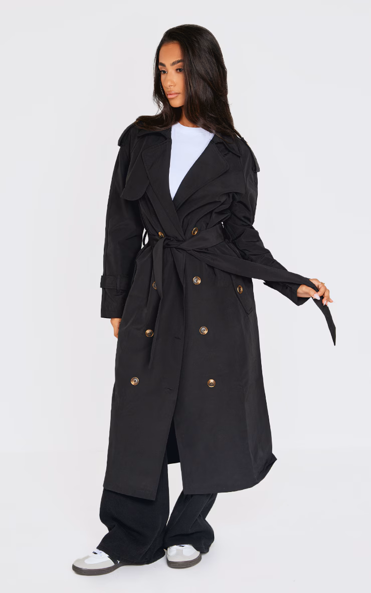 Petite Black Tie Waist Trench Coat