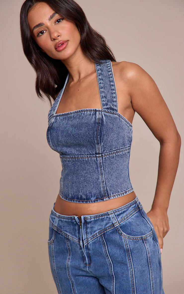 Petite Mid Blue Denim Halterneck Top