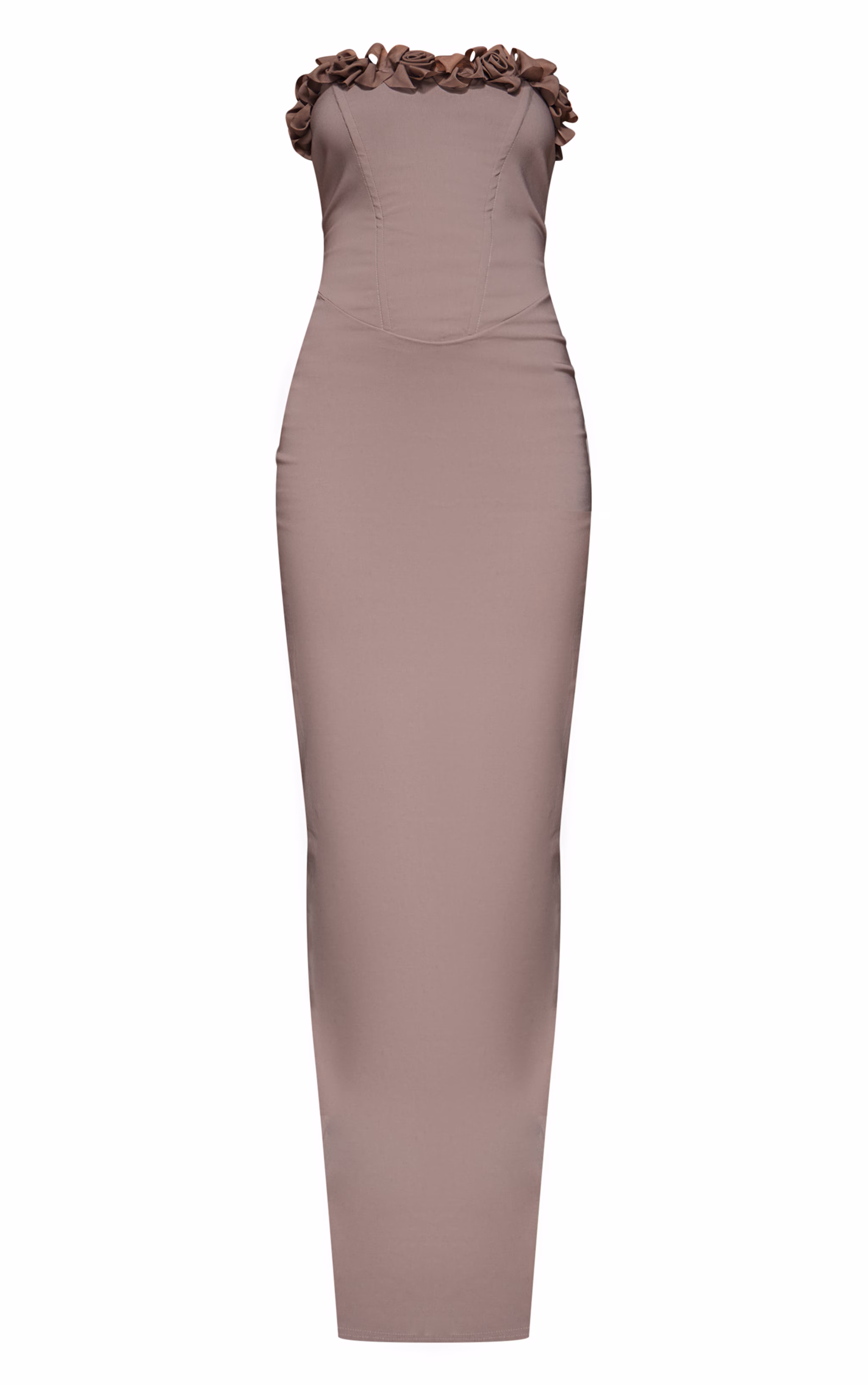 Mocha Stretch Woven Rosette Bandeau Maxi Dress