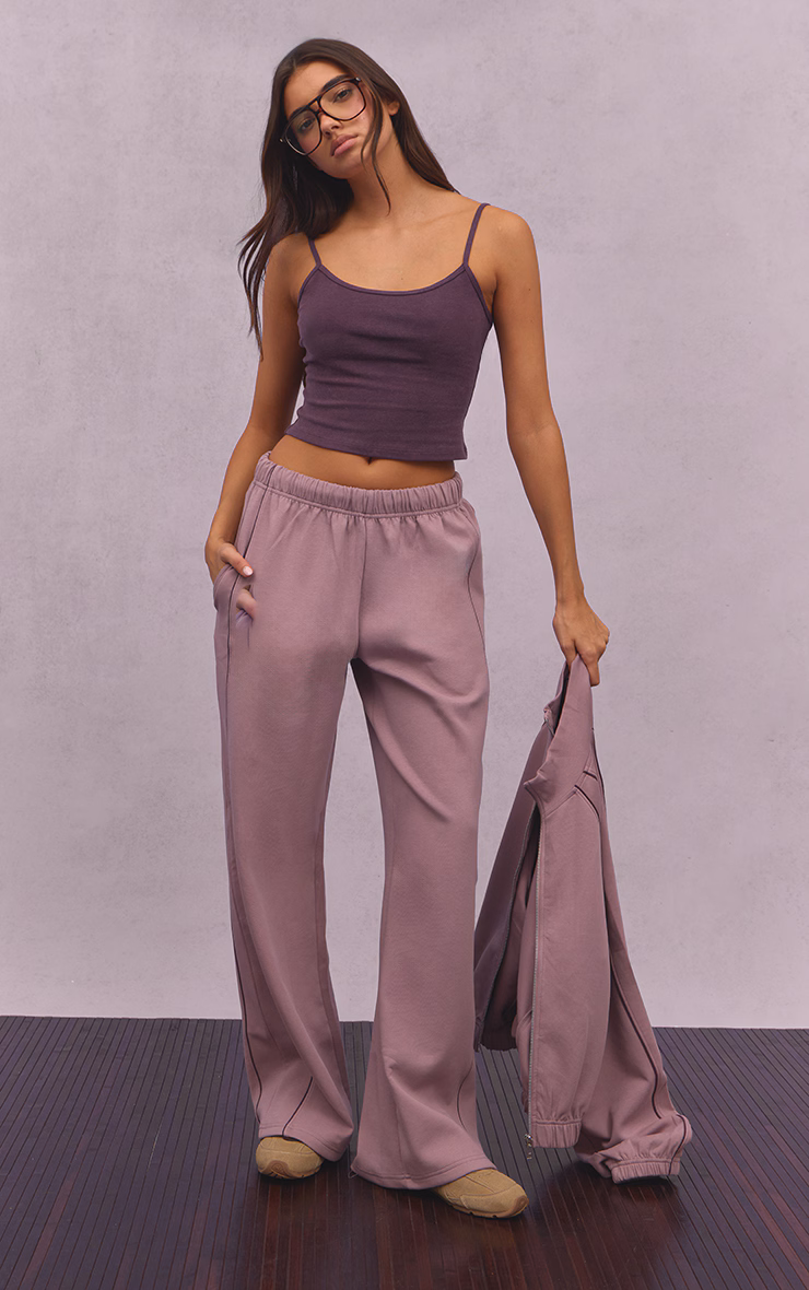 Mauve Interlock Contrast Piping Wide Leg Sweatpants