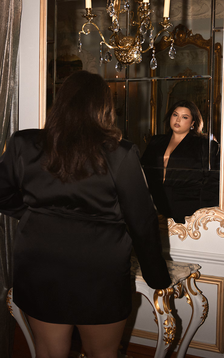 Plus Black Structured Satin Drape Detail Blazer Dress