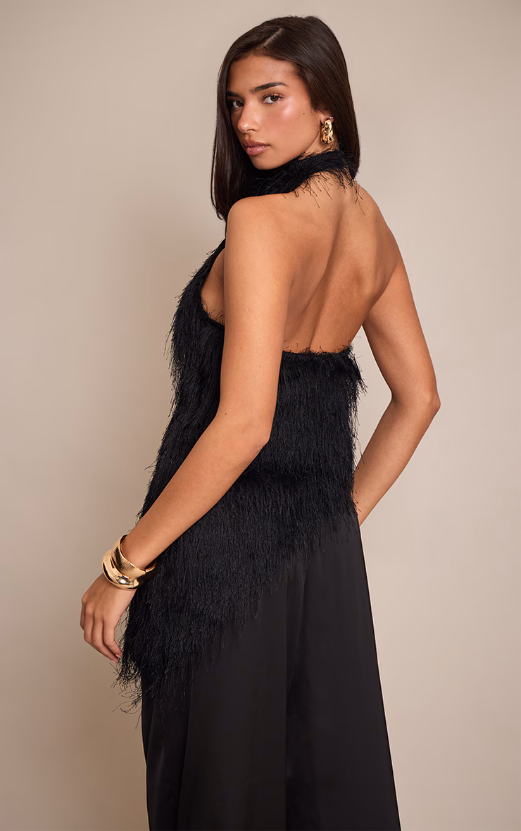 Black Textured Faux Fur Asymmetric Sleeveless Top