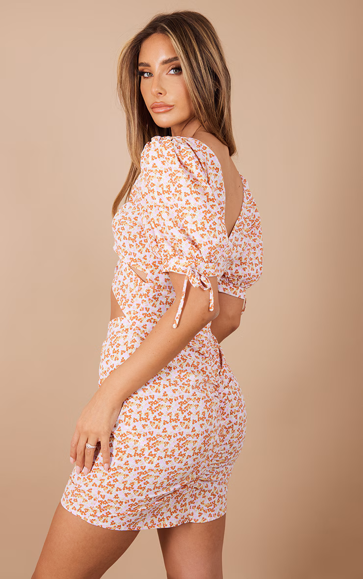 Orange Floral Print Chiffon Ring Detail Cut Out Bodycon Dress