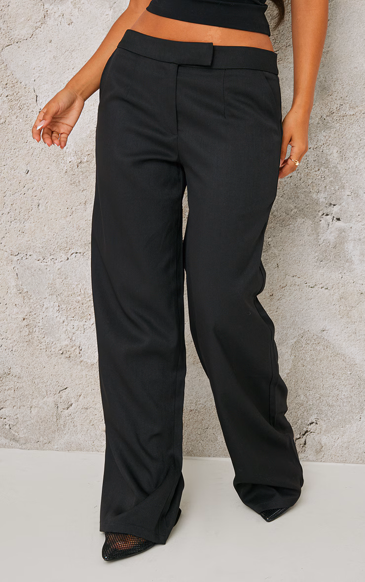 Petite Premium Black Woven Low Rise Wide Leg Pants