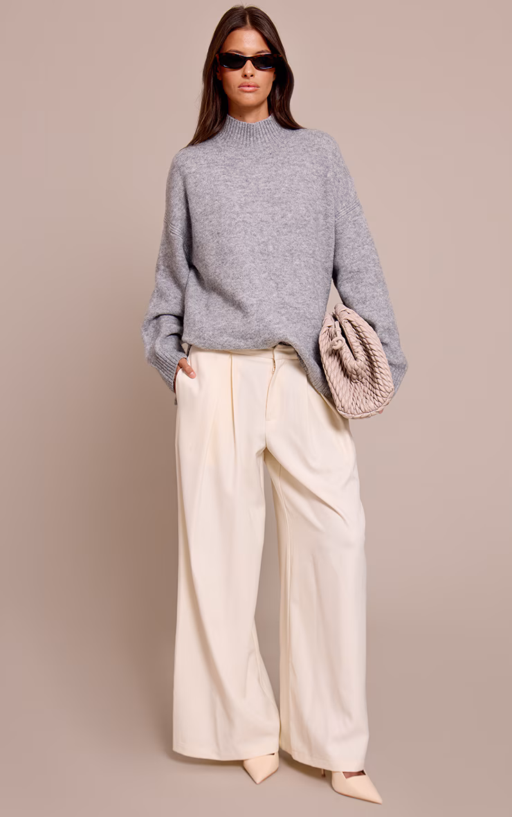 Light Grey Marl Oversized Polo Neck Knitted Sweater