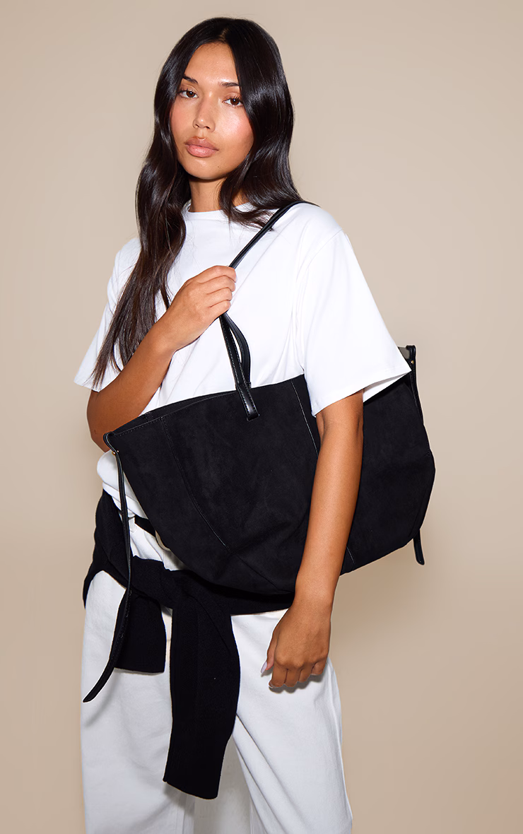 Black Faux Suede Contrast Handle Tote Bag