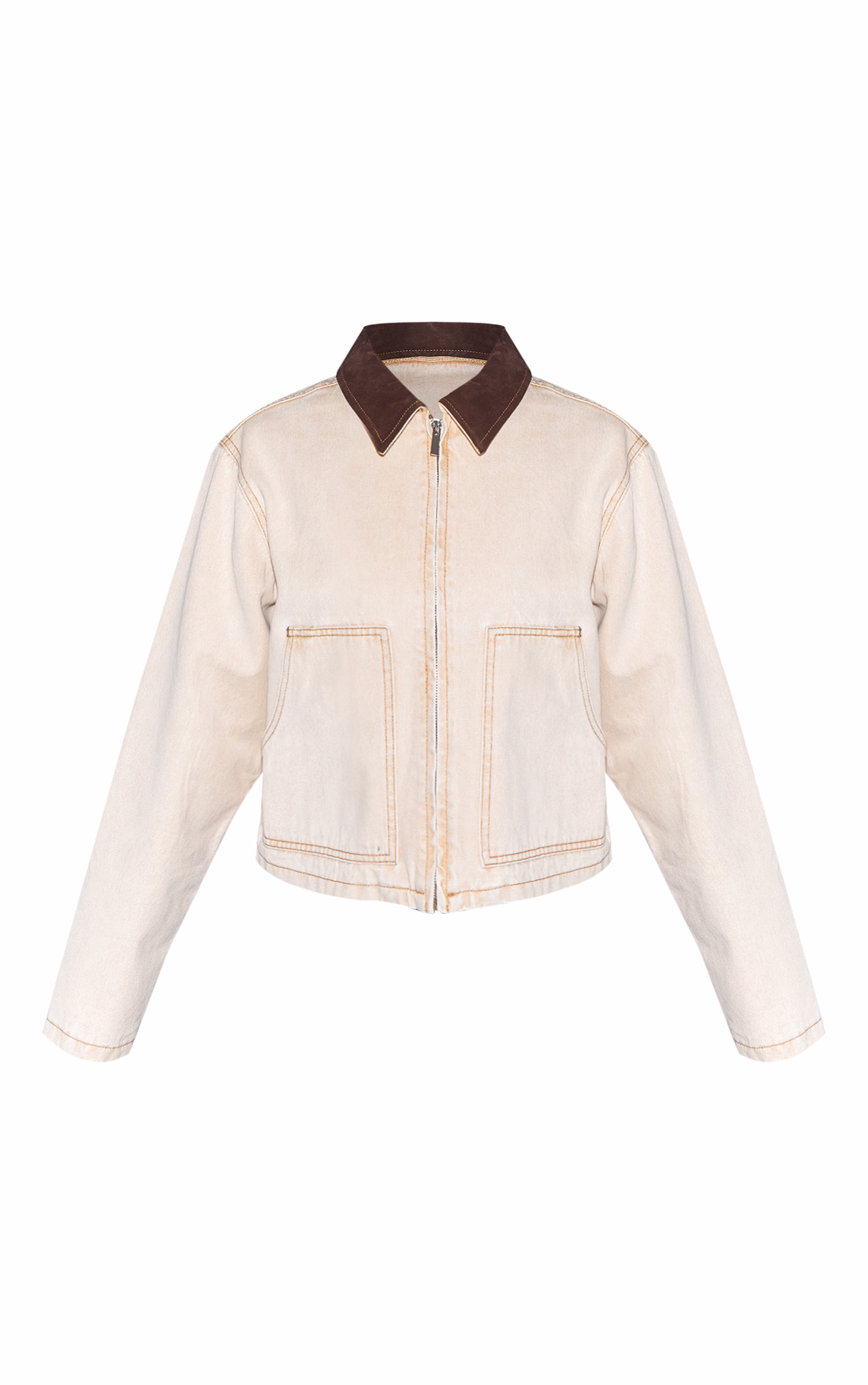 Petite Beige Denim Jacket With Contrast Collar