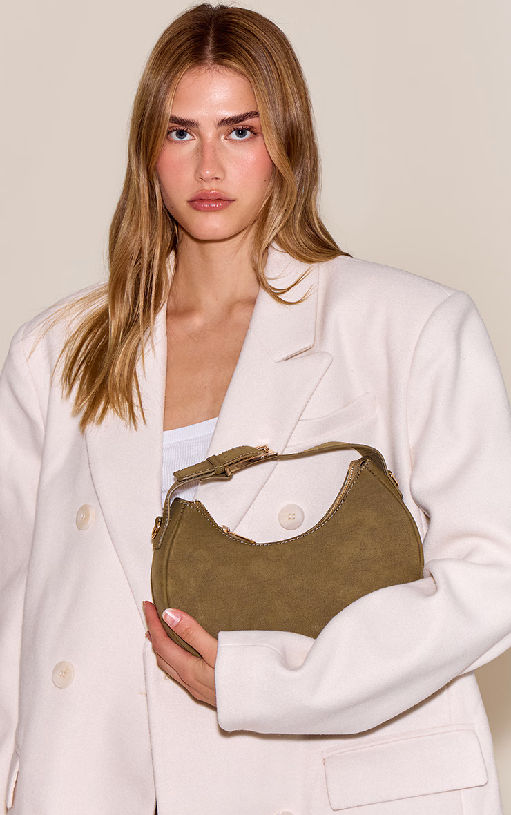 Olive Faux Suede Croc Crescent Shoulder Bag