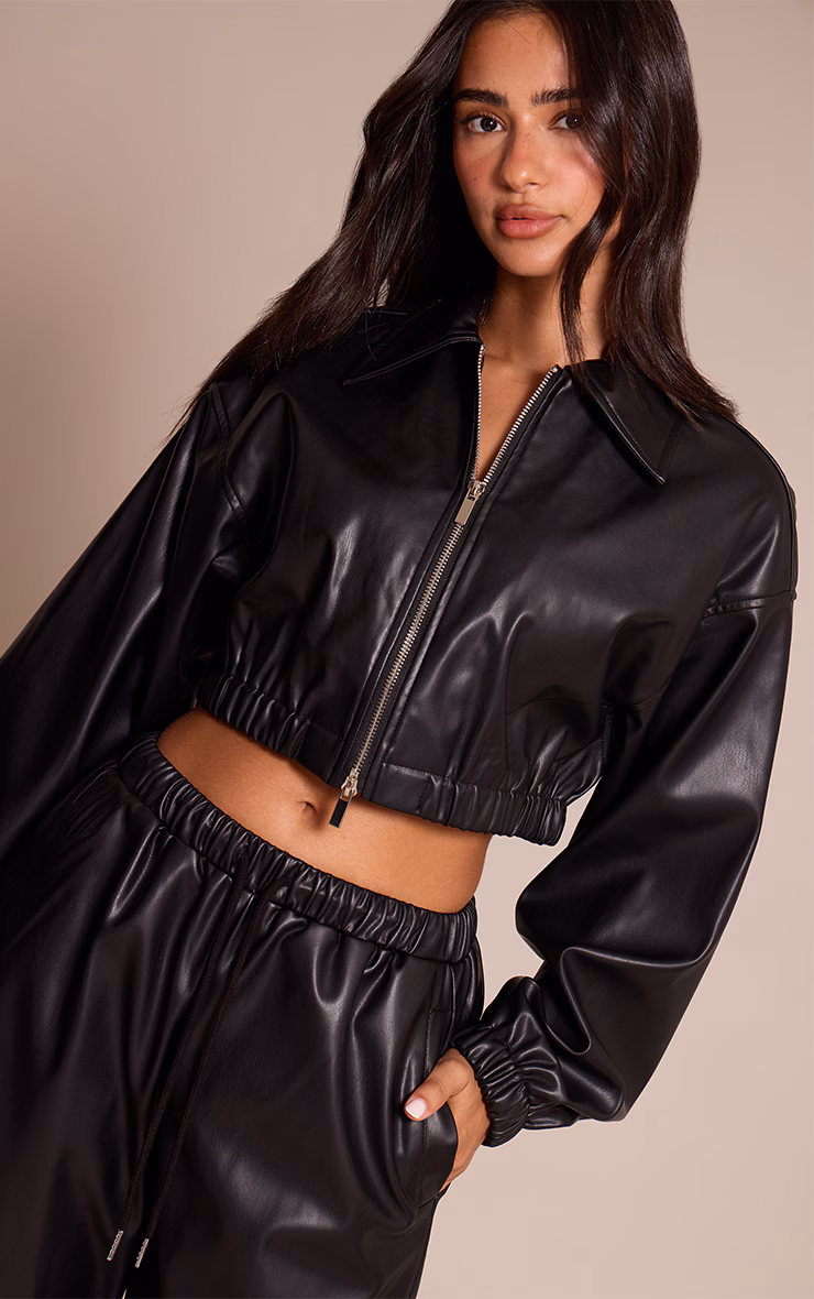 Petite Black Faux Leather Cropped Zip Up Jacket