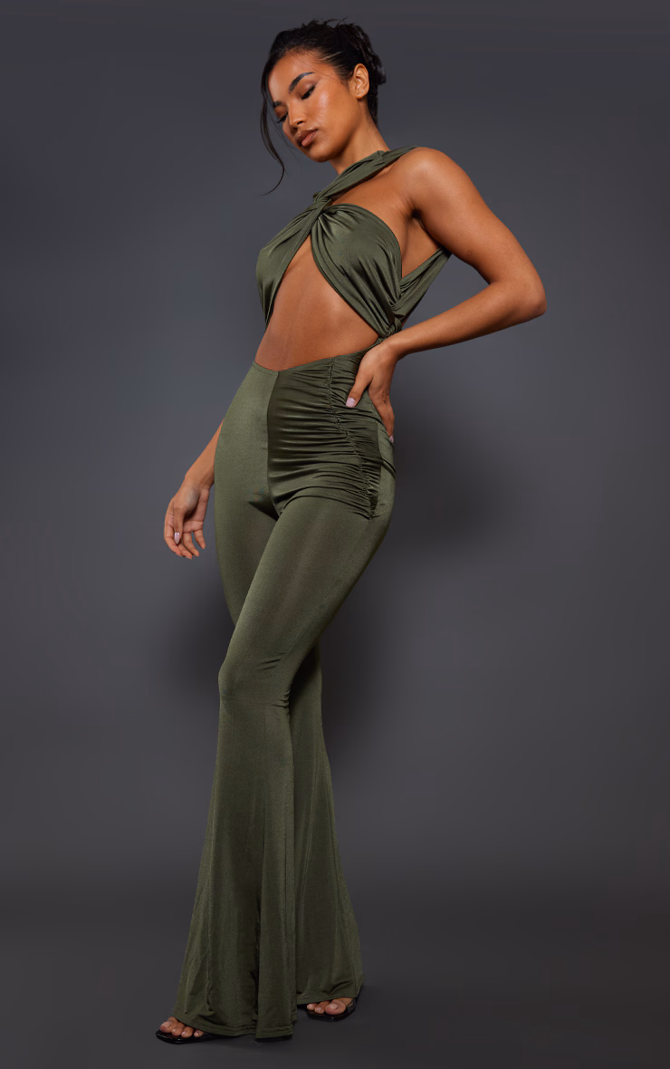 Moss Khaki Cross Strap Ruched Detail Flared Slinky Jumpsuit