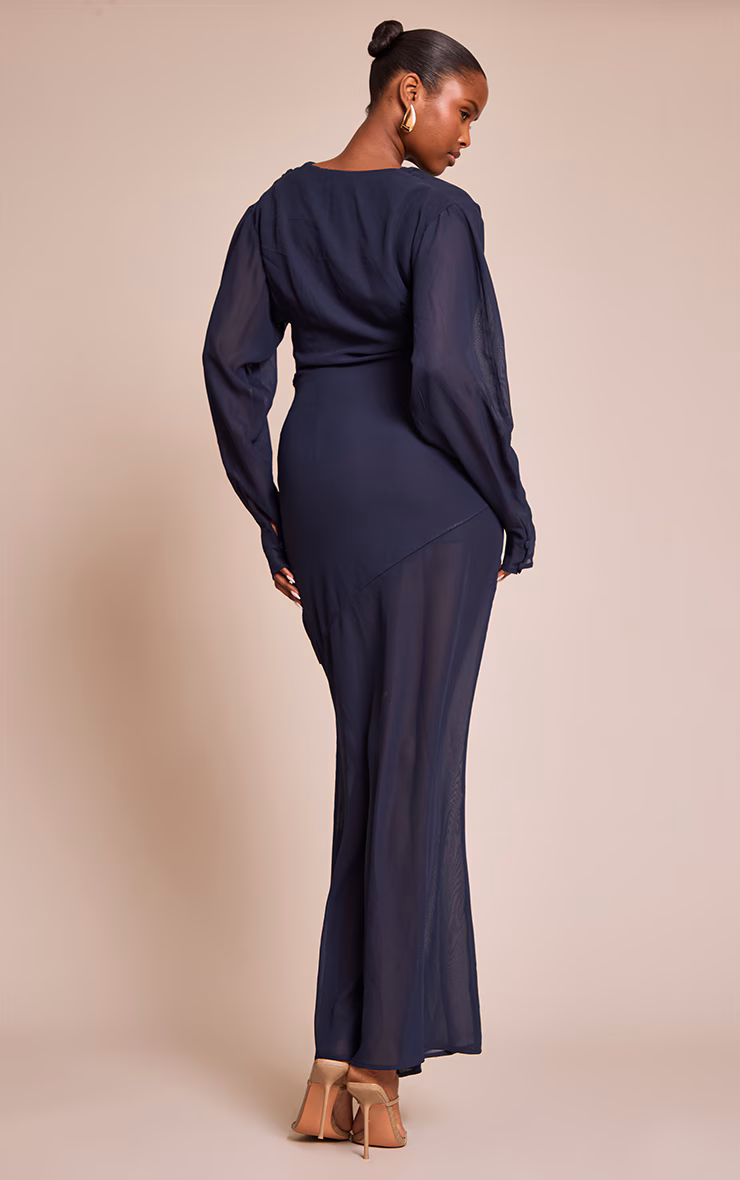 Navy Chiffon Extreme Cowl Neck Long Sleeve Maxi Dress