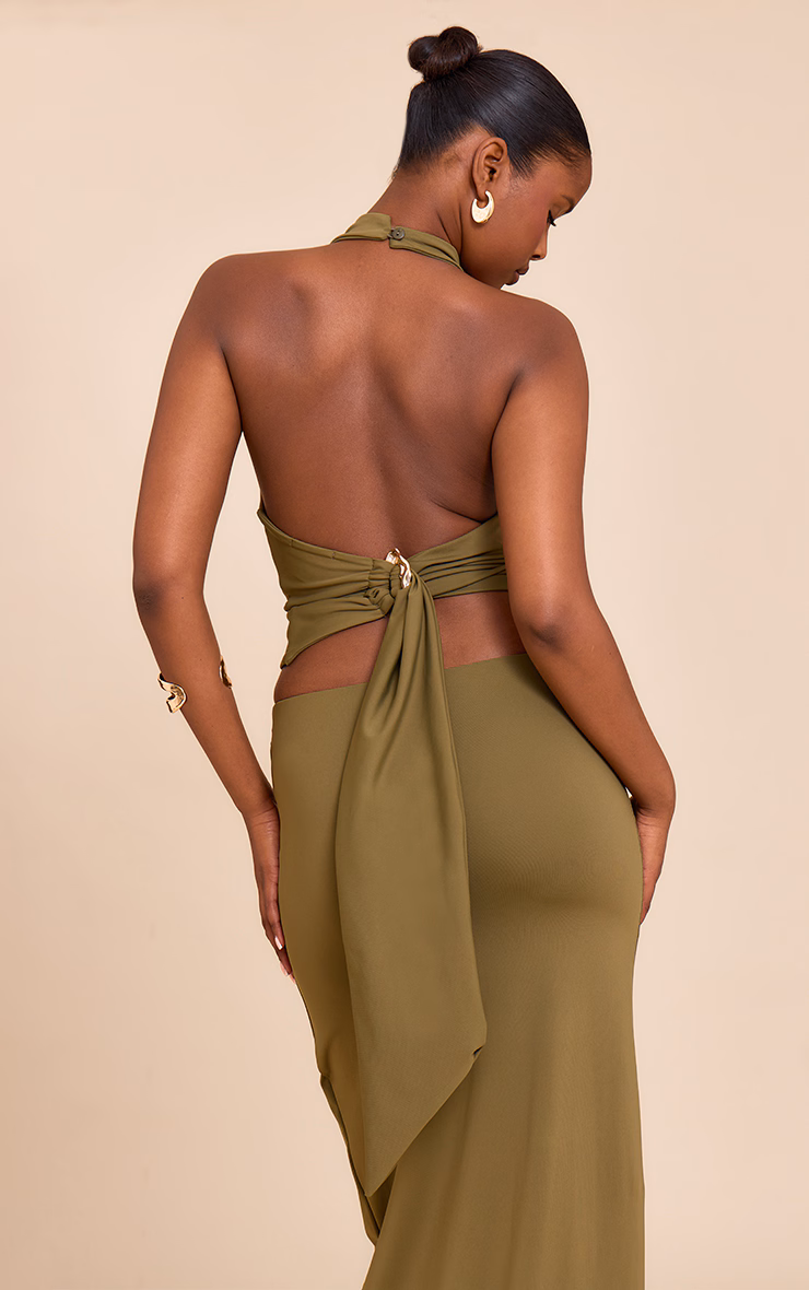 Olive Matte Sculpt Halterneck Gold Detail Backless Top