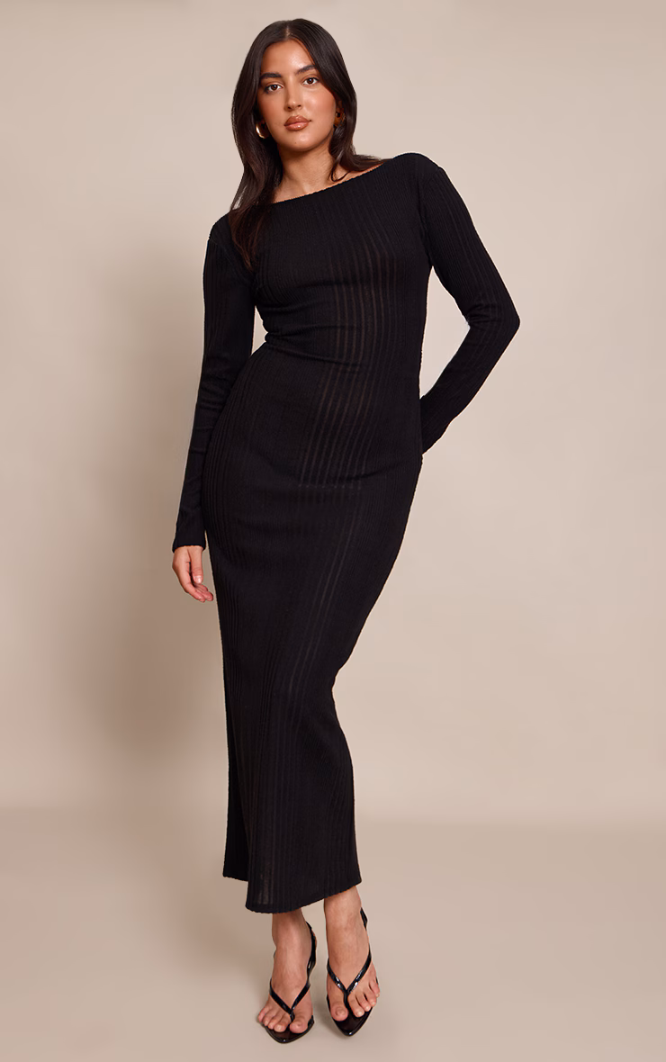 Black Ribbed Low Back Detail Long Sleeve Maxi Dress