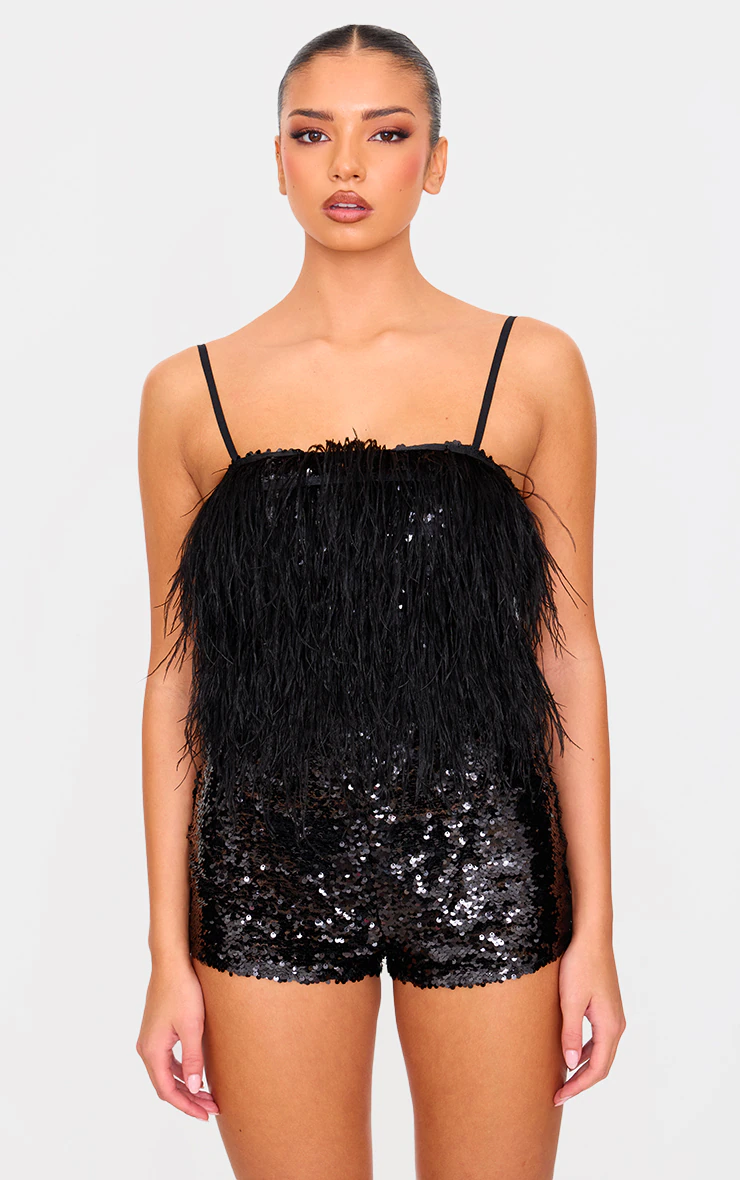 Black Feather Detail Strappy Sequin Romper