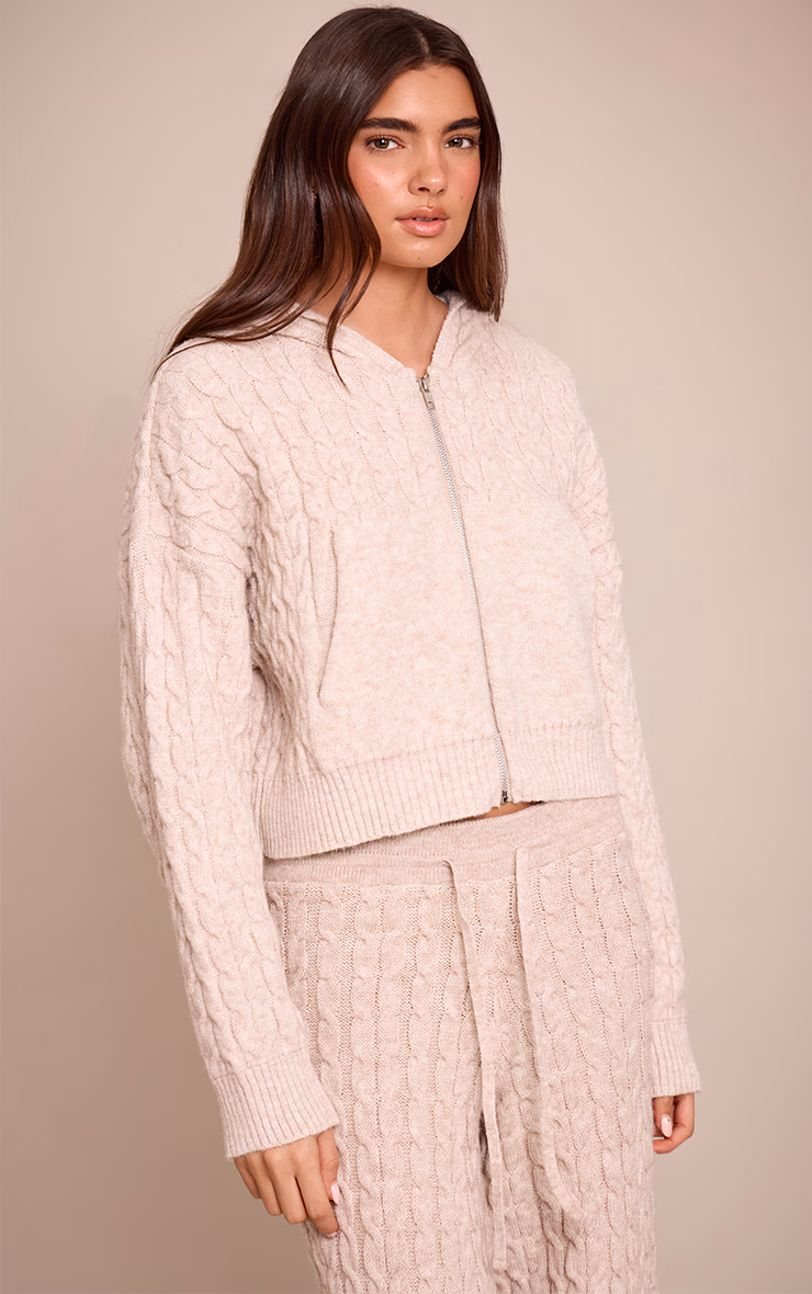 Oatmeal Cable Knit Cropped Hoodie
