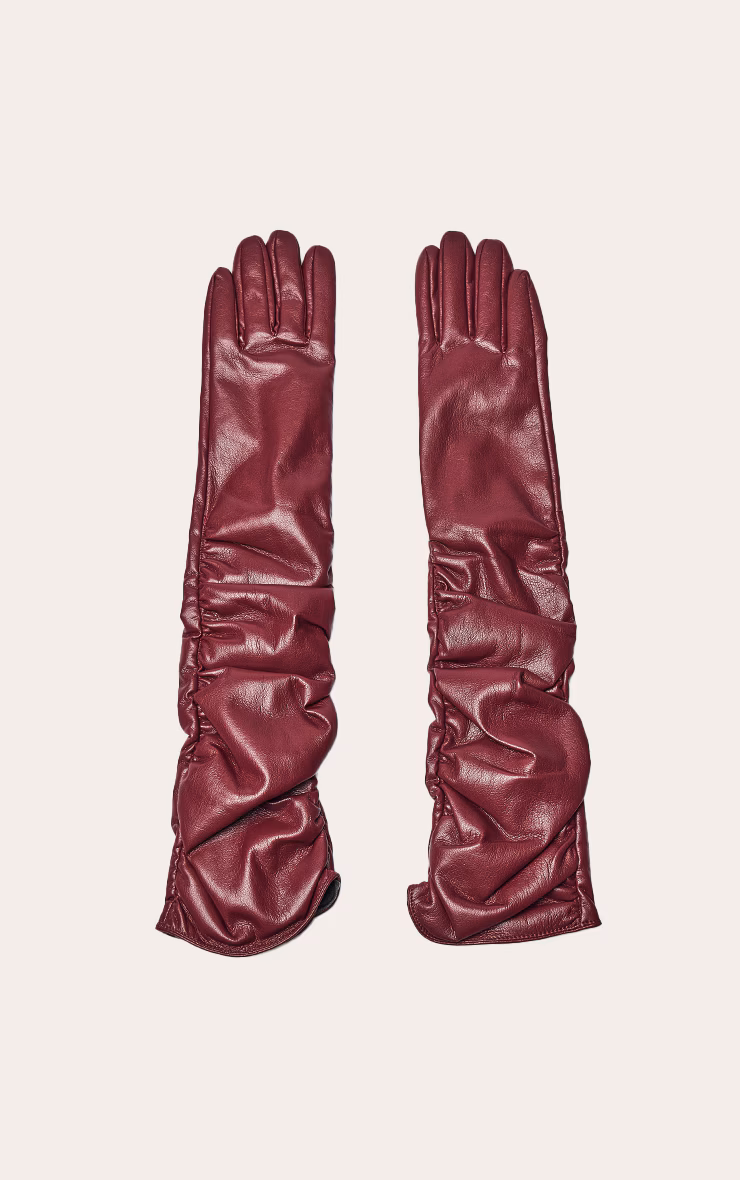 Burgundy Faux Leather Long Ruched Gloves