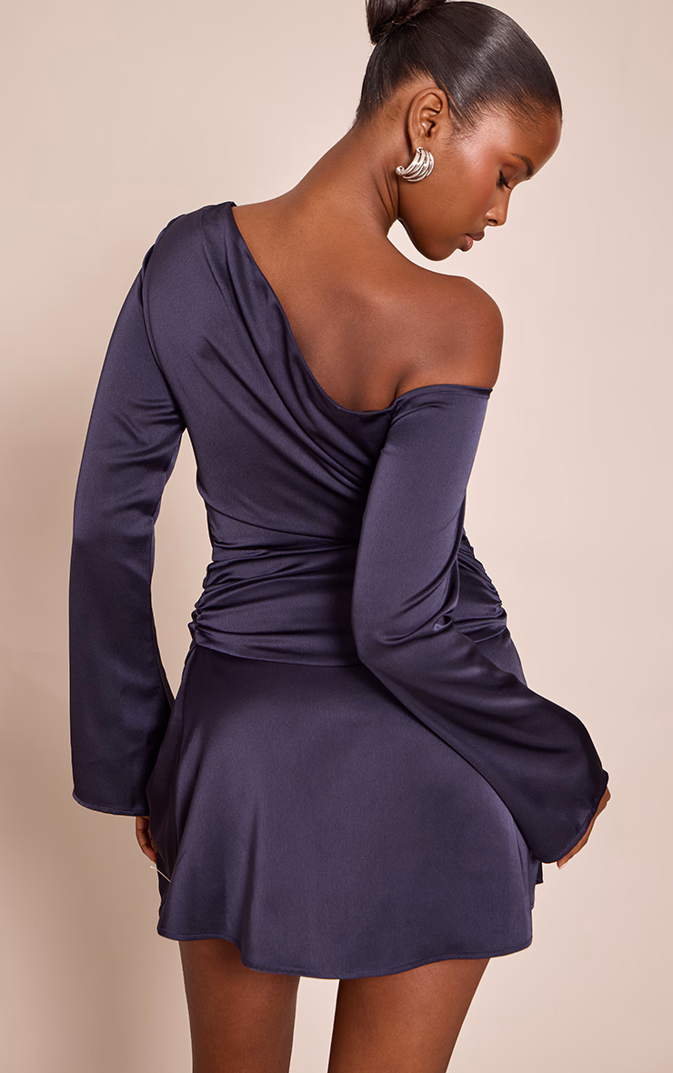 Navy Satin Asymmetric Long Sleeve Mini Shift Dress