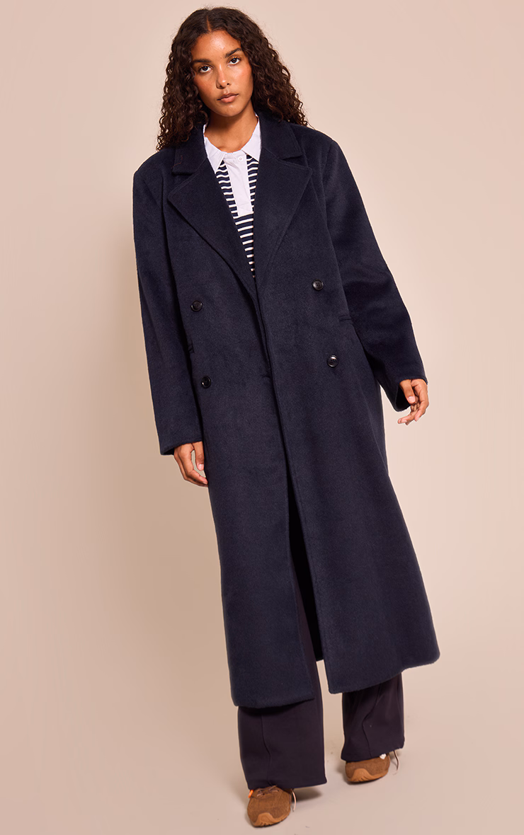 Navy Structured Double Breasted Wool Look Maxi Coat