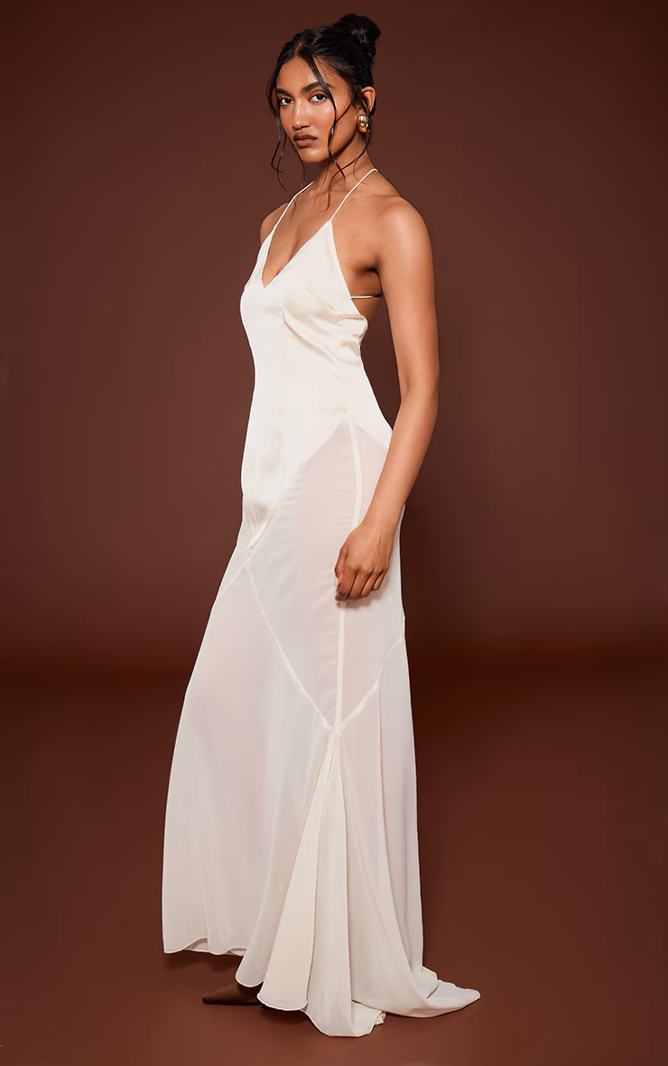 Oyster Satin Contrast V Neck Maxi Dress