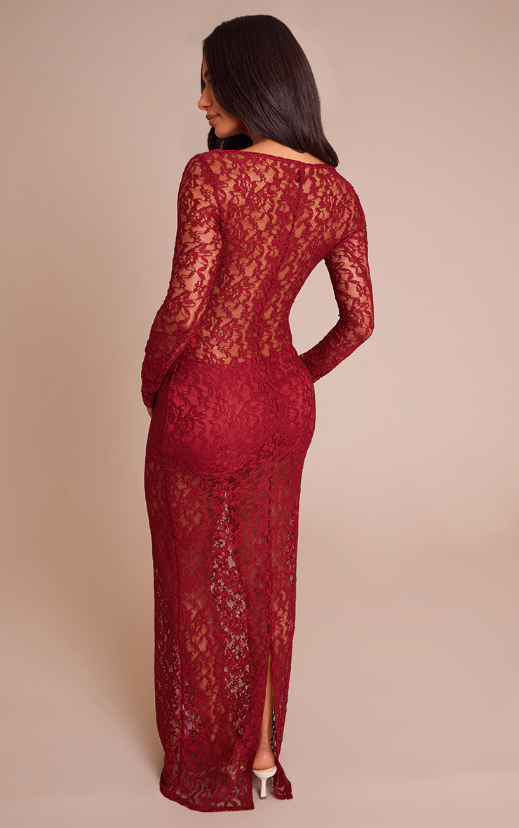 Petite Burgundy Sheer Lace Long Sleeve Maxi Dress