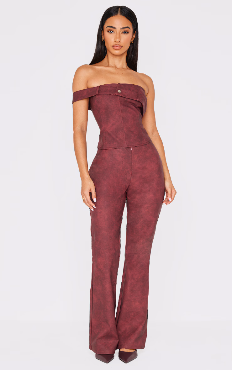 Petite Burgundy Faux Leather Zip Front Flared Pants