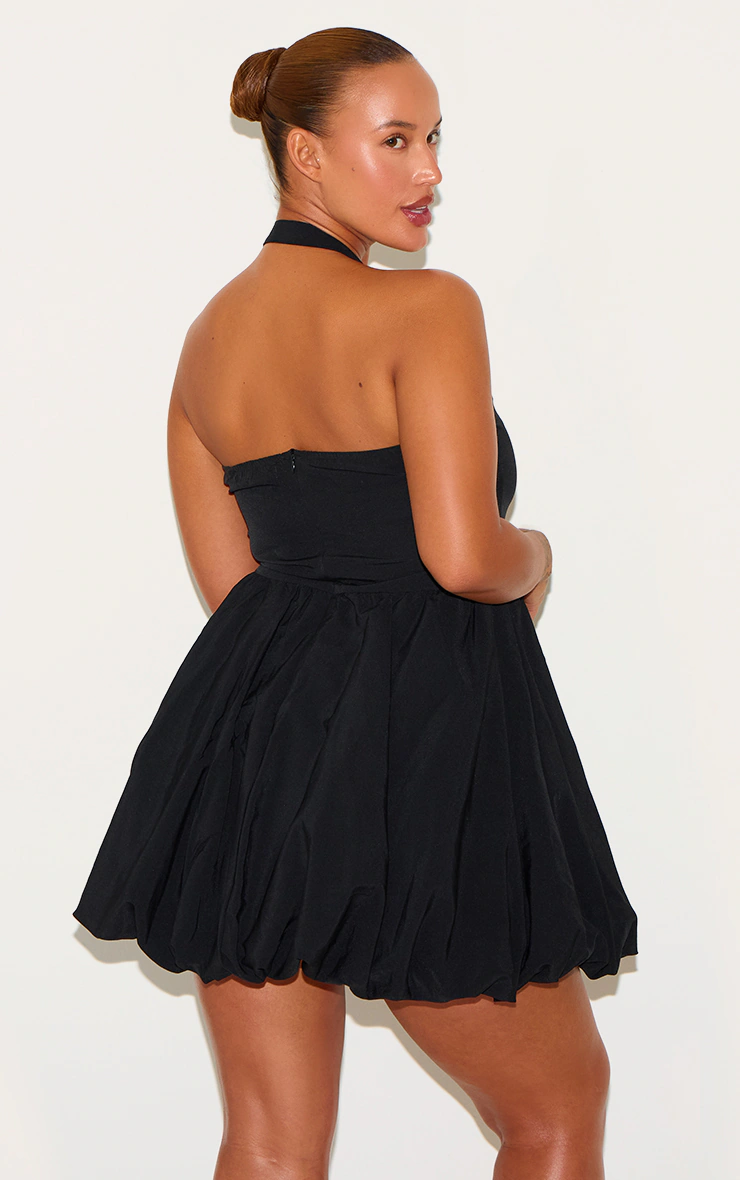 Plus Black Buckle Detail Halterneck Puffball Mini Dress
