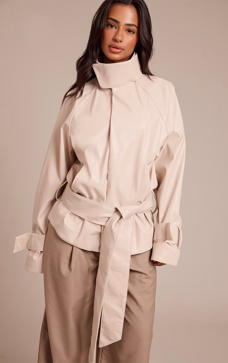 Petite Cream Faux Leather Belted Funnel Neck Coat