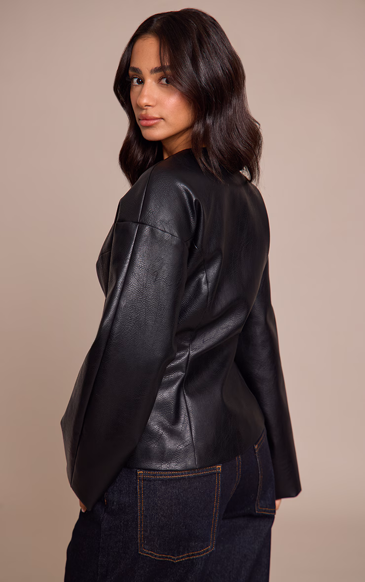 Petite Black Leather Look Cinched Waist Blazer