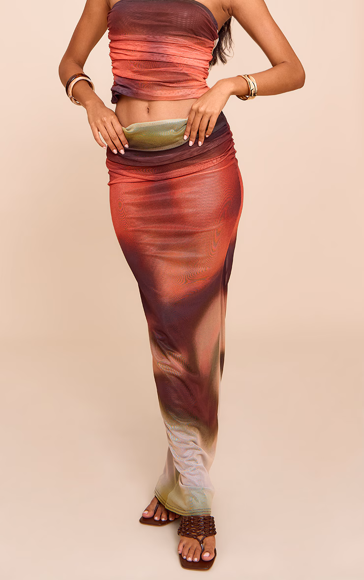 Orange Abstract Print Chiffon Mesh Maxi Skirt