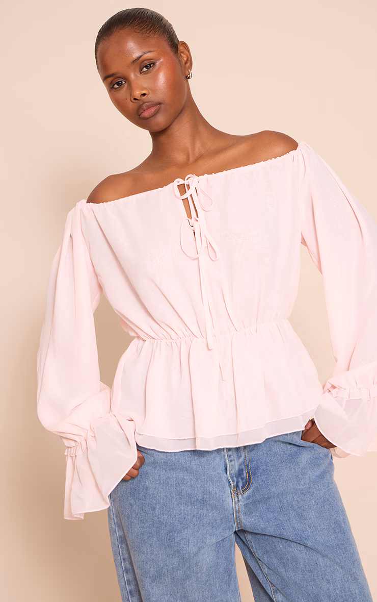 Pale Pink Chiffon Tie Detail Bardot Floaty Top