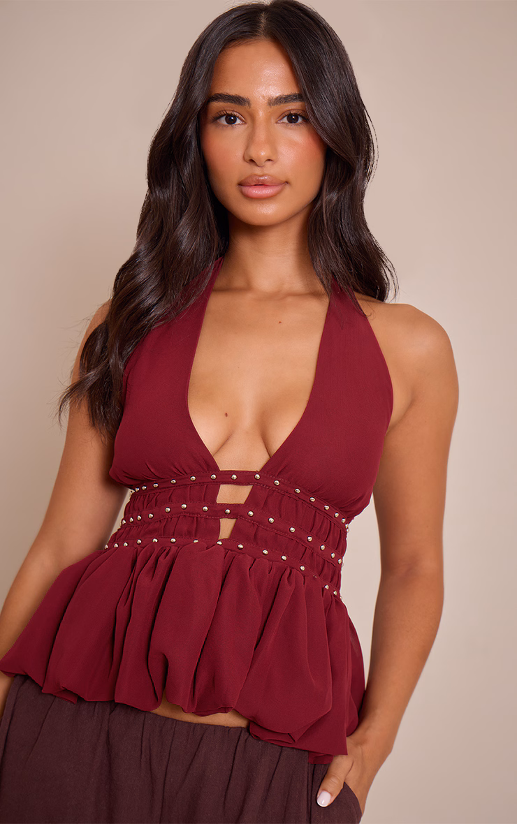 Petite Burgundy Stud Detail Ruffle Halterneck Top