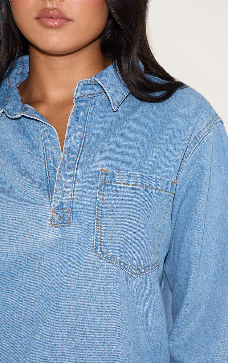 Mid Blue Oversized Denim Rugby Style Shirt