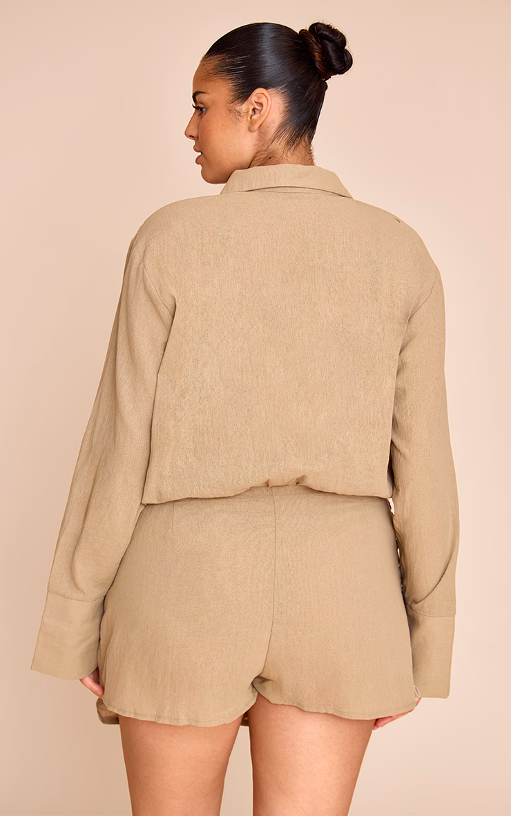 Plus Khaki Linen Look Shirt Style Long Sleeve Skort Romper