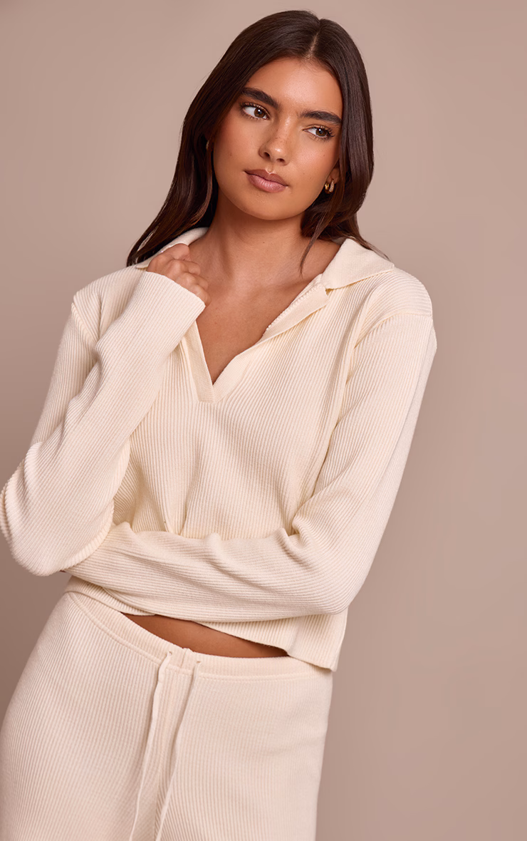 Cream V Neck Ribbed Long Sleeve Knit Sweater