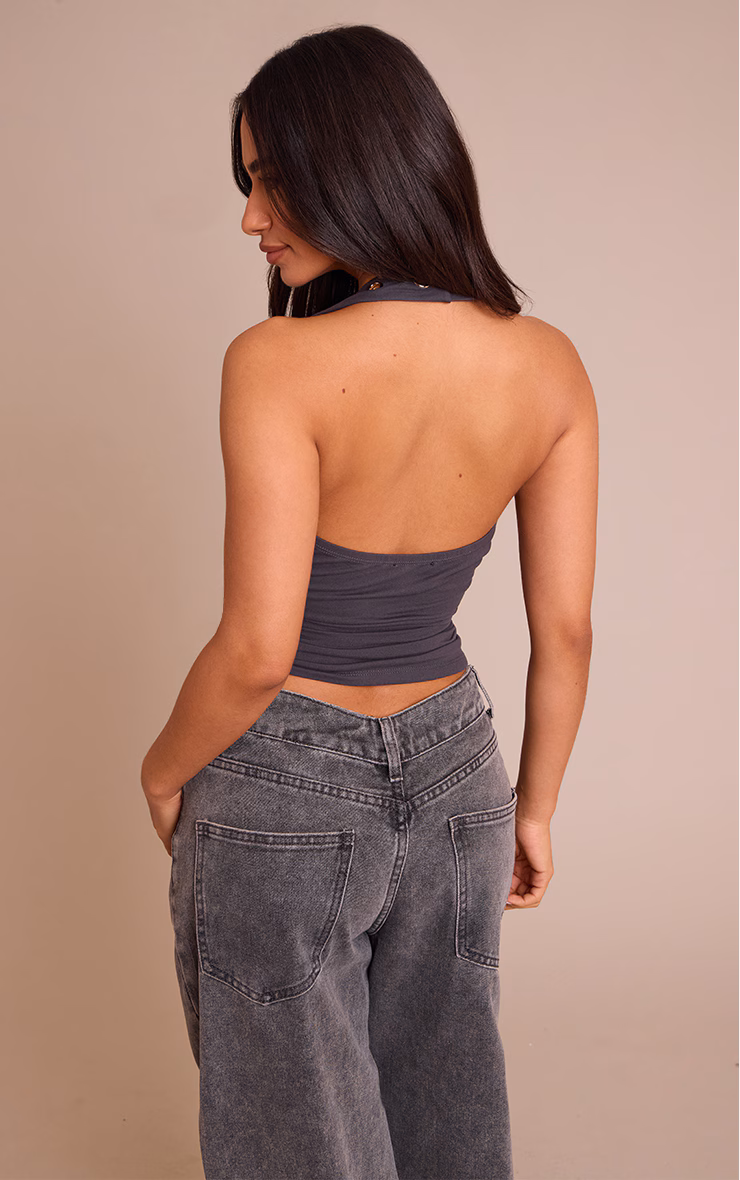 Petite Charcoal Halterneck Eyelet Detail Long Top