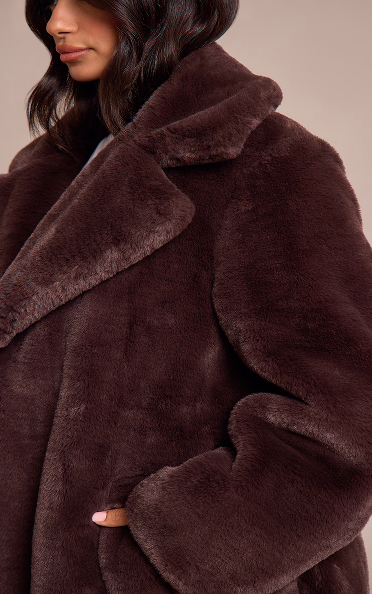 Petite Chocolate Faux Fur Tie Waist Maxi Coat