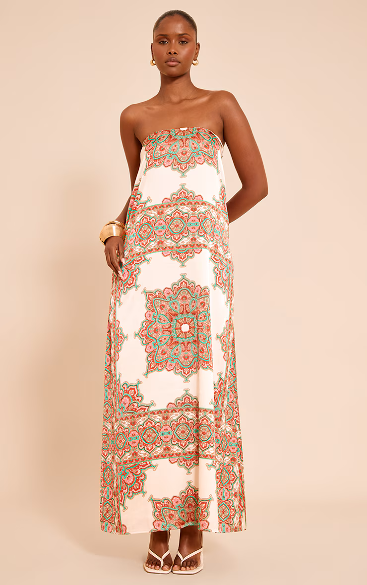 Multi Satin Paisley Print Bandeau Maxi Dress